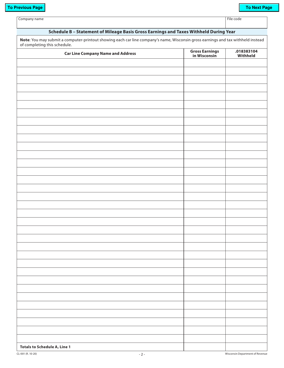 Form CL-001 Railroad Companys Annual Report of Car Line Taxes Withheld - Wisconsin, Page 2