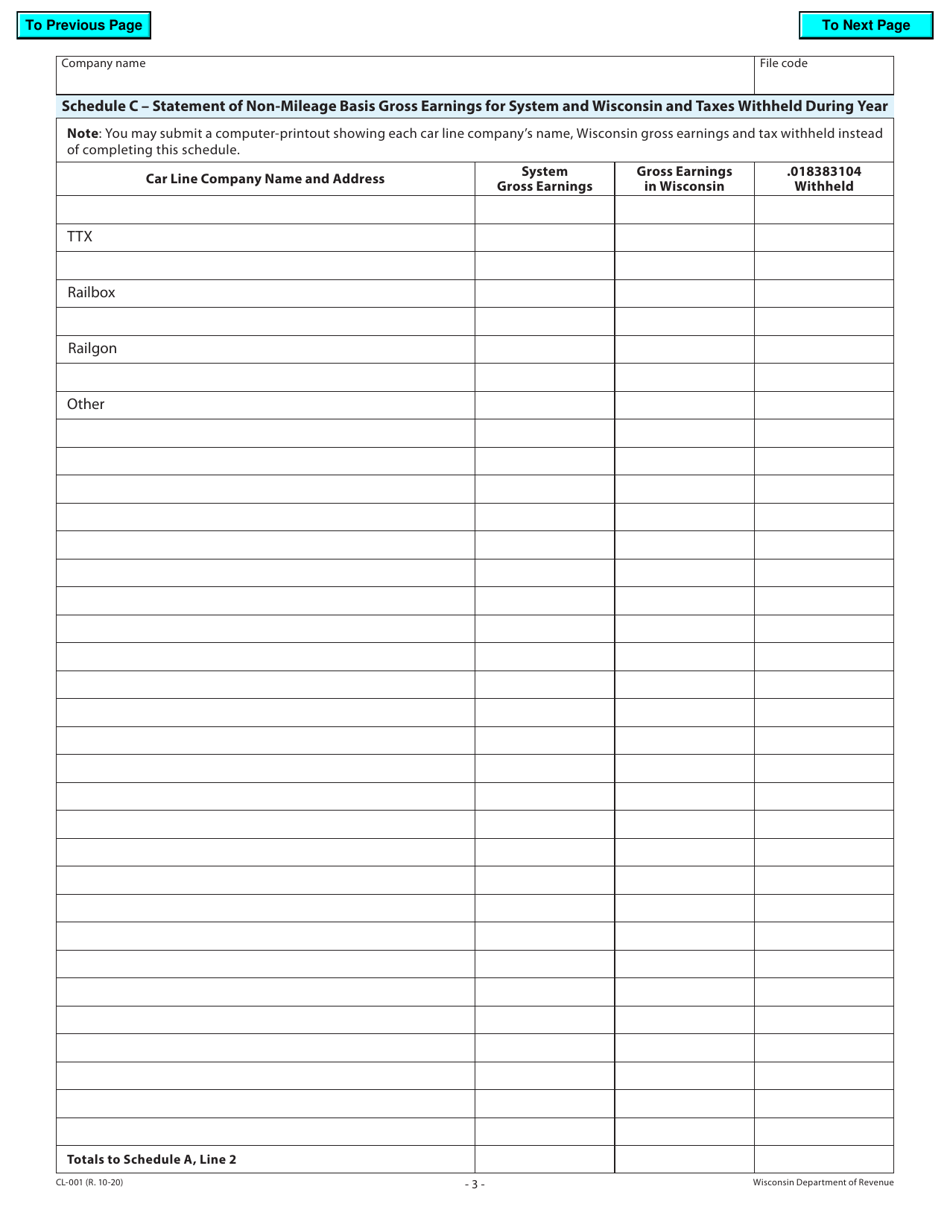 Form CL-001 Railroad Companys Annual Report of Car Line Taxes Withheld - Wisconsin, Page 3