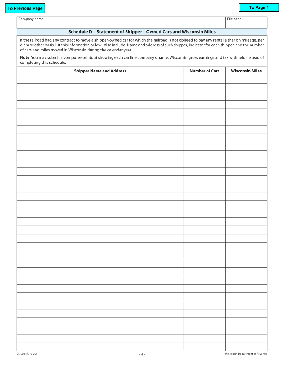 Form CL-001 Railroad Companys Annual Report of Car Line Taxes Withheld - Wisconsin, Page 4