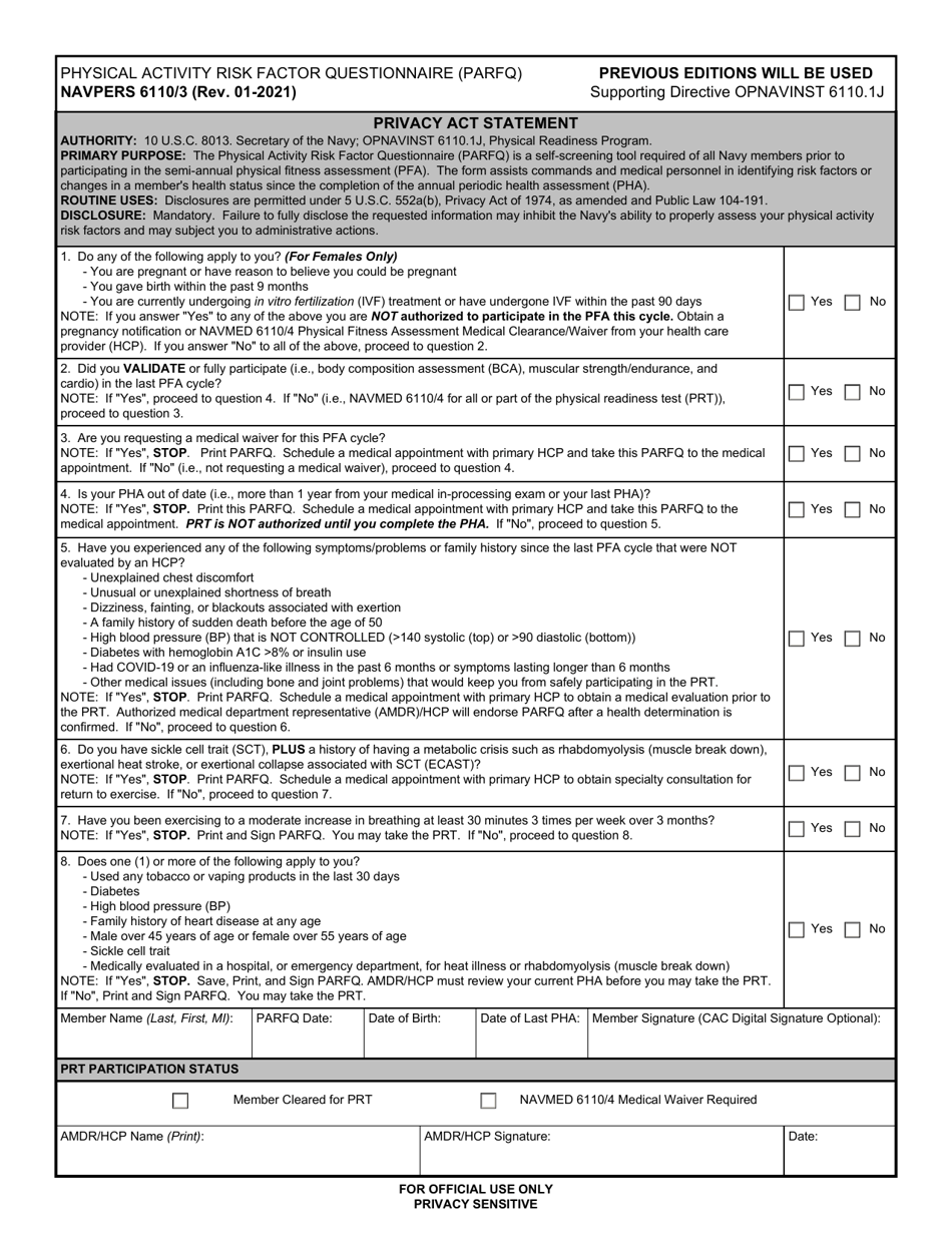 NAVPERS Form 6110 3 Download Fillable PDF Or Fill Online Physical