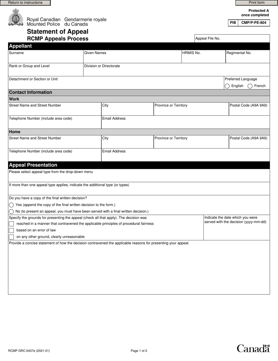 Form RCMP GRC6437 Statement of Appeal - Canada, Page 3