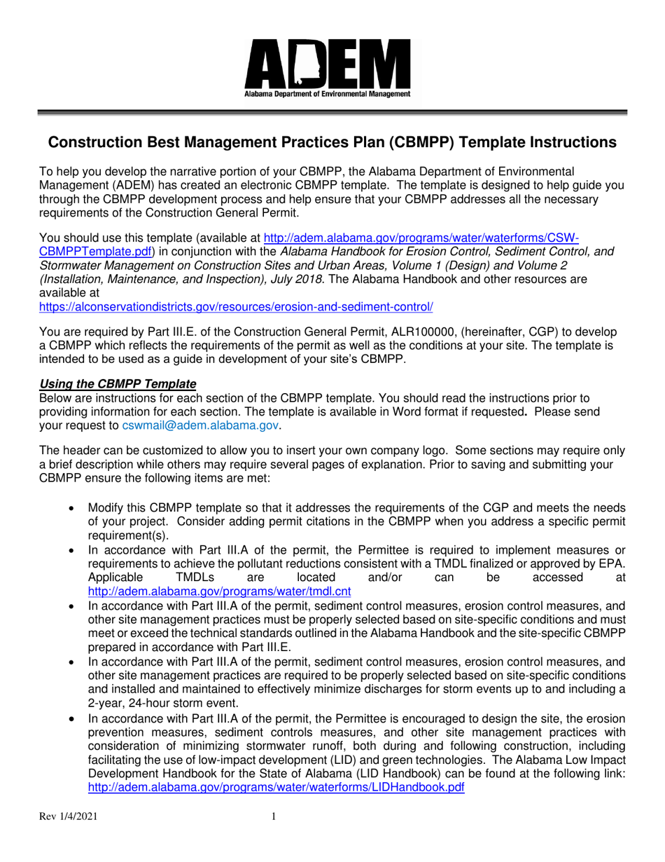 Instructions for Construction Best Management Practices Plan (Cbmpp) - Alabama, Page 1