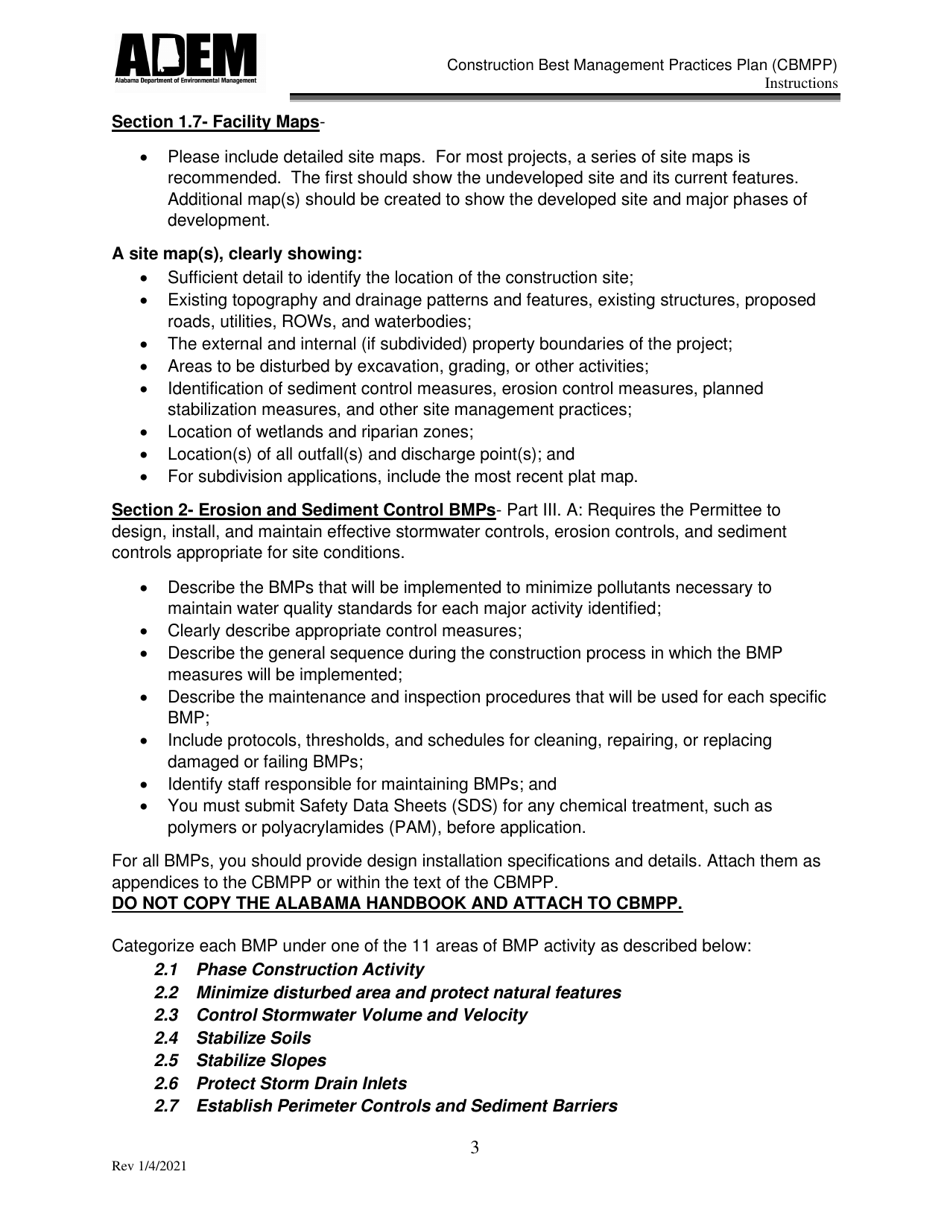 Instructions for Construction Best Management Practices Plan (Cbmpp) - Alabama, Page 3