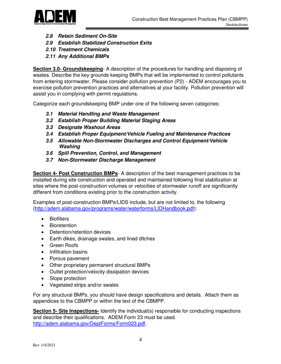 Instructions for Construction Best Management Practices Plan (Cbmpp) - Alabama, Page 4