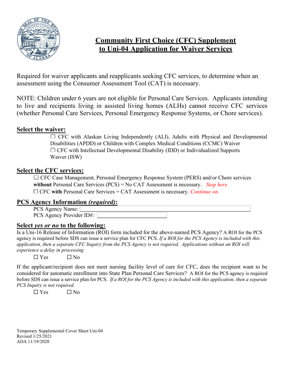 Community First Choice (Cfc) Supplement to Uni-04 Application for Waiver Services - Alaska, Page 1