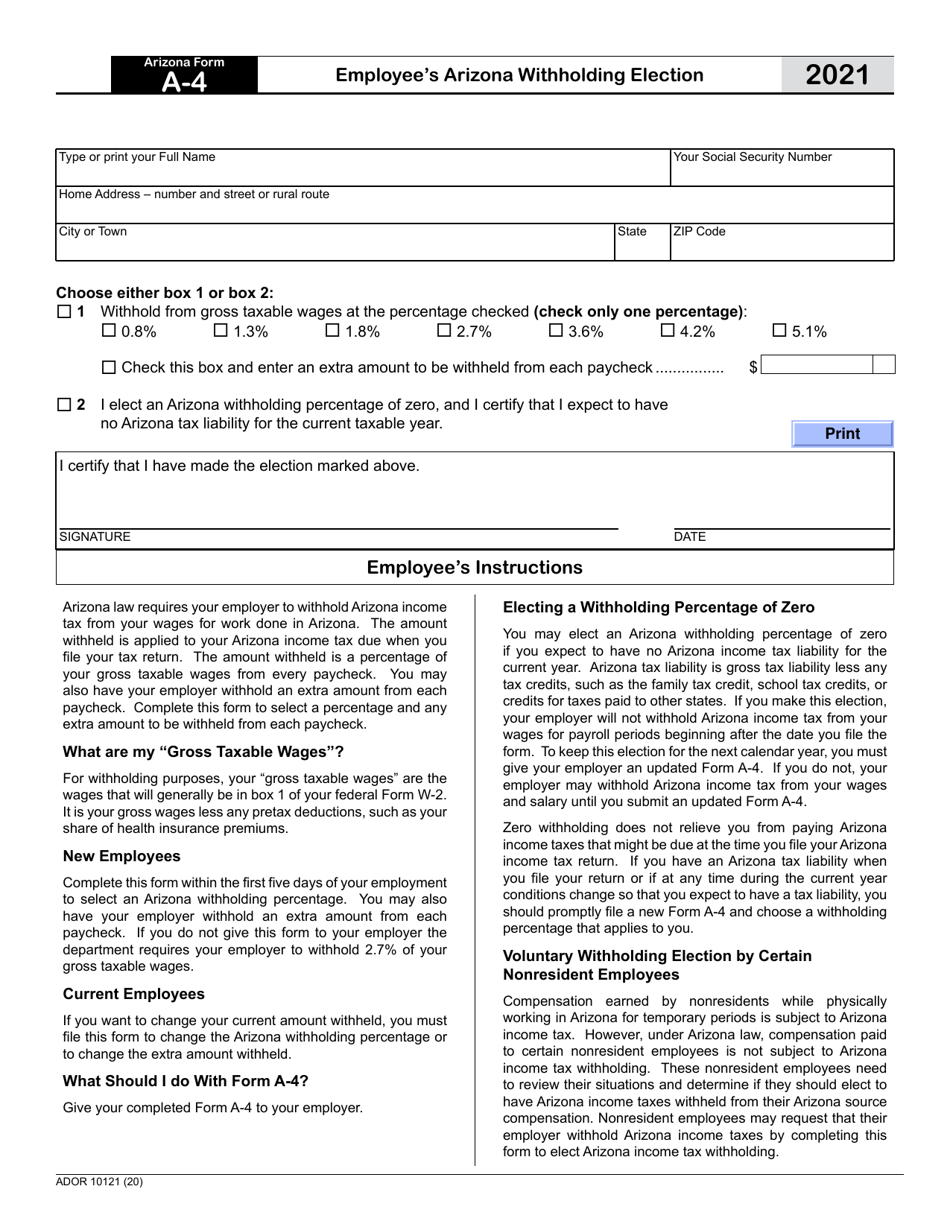 Arizona Form A4 (ADOR10121) 2021 Fill Out, Sign Online and