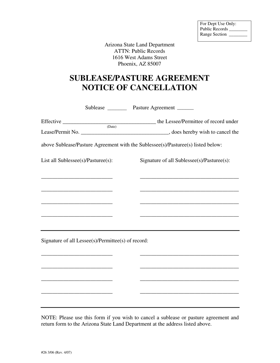 Form 26 3 / 06 Sublease / Pasture Agreement Notice of Cancellation - Arizona, Page 1