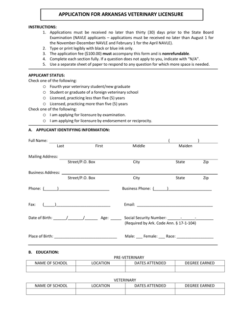 Application for Arkansas Veterinary Licensure - Arkansas Download Pdf