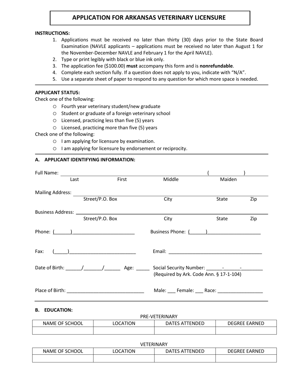 Application for Arkansas Veterinary Licensure - Arkansas, Page 1