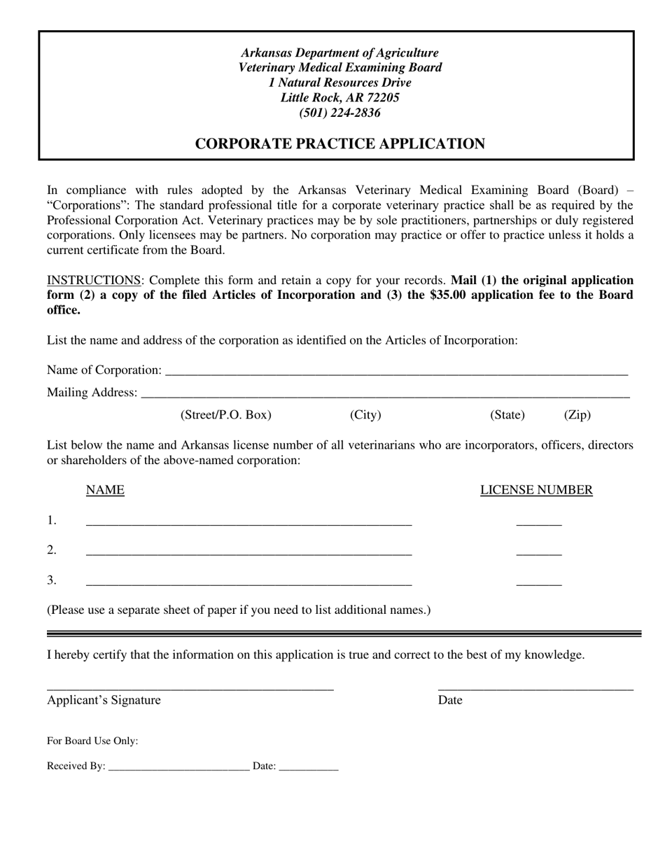 Corporate Practice Application - Arkansas, Page 1