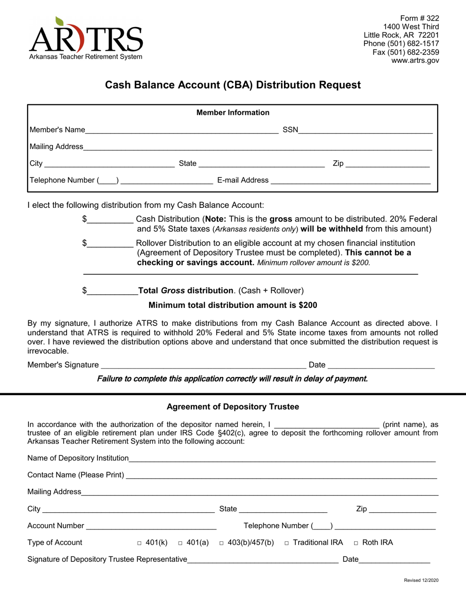 Form 332 Cash Balance Account (Cba) Distribution Request - Arkansas, Page 1