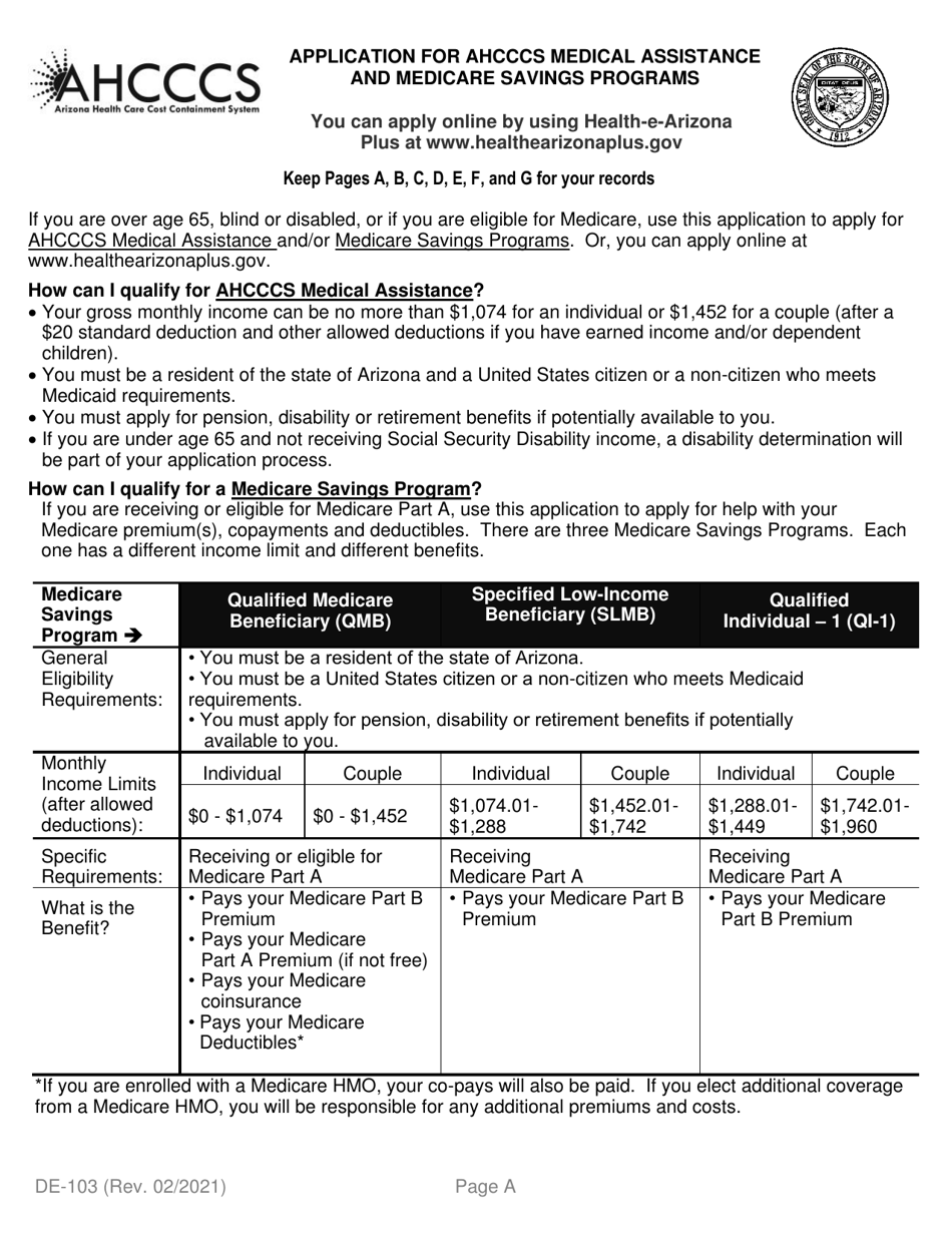 Form De 103 Download Printable Pdf Or Fill Online Application For Ahcccs Health Insurance And Medicare Savings Programs Arizona Templateroller