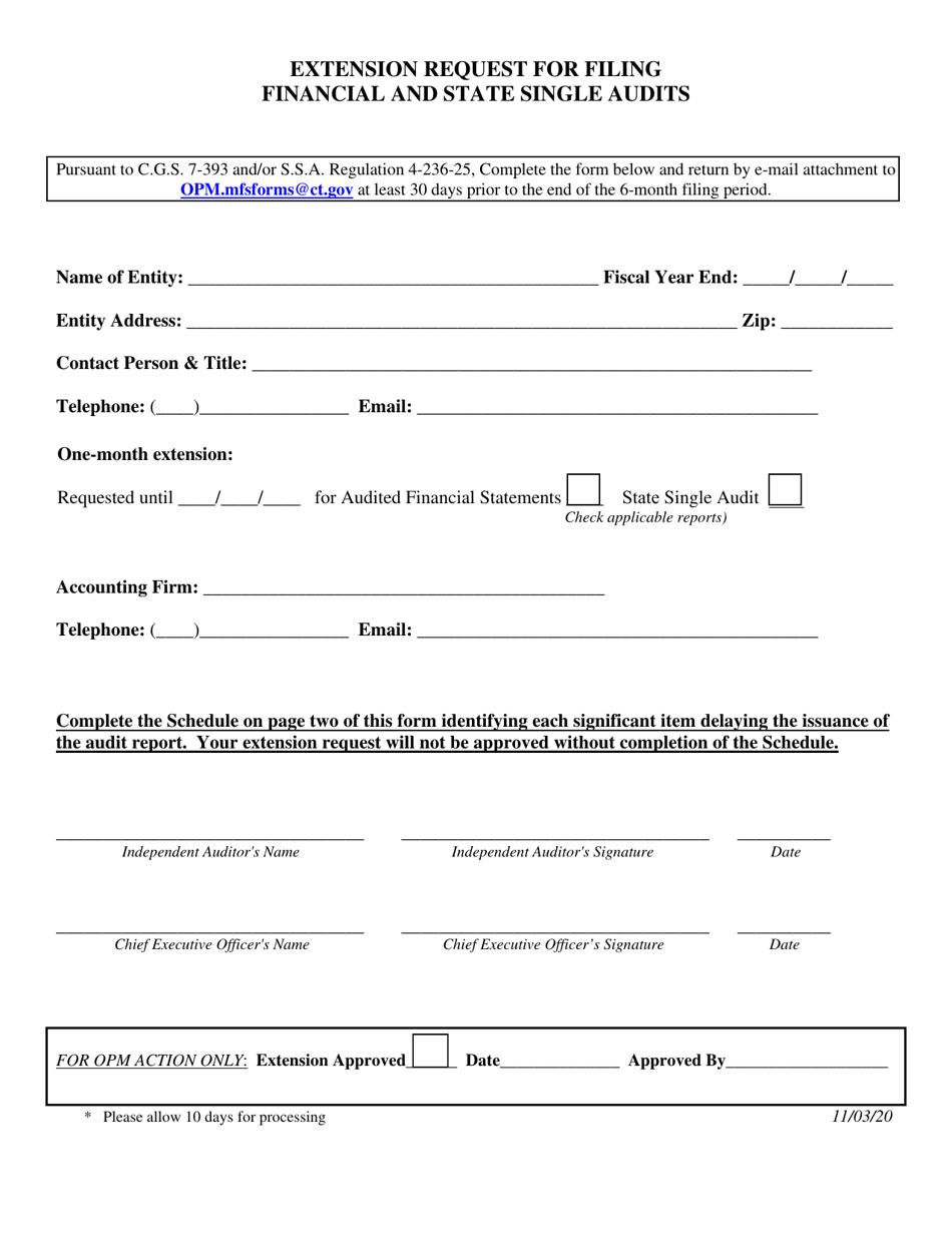 Extension Request for Filing Financial and State Single Audits - Connecticut, Page 1
