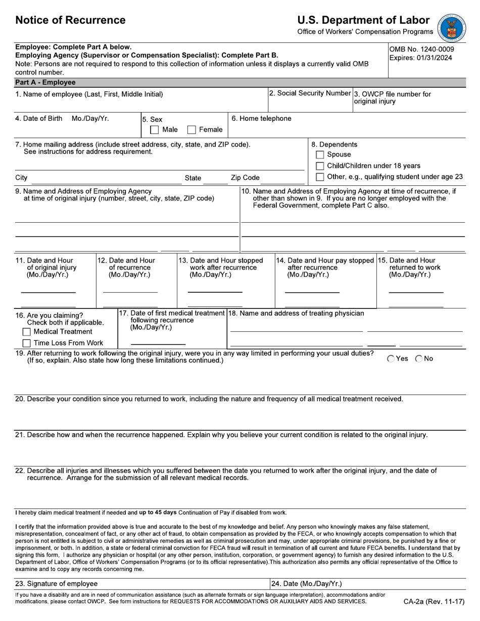 Form CA-2A Notice of Recurrence, Page 1