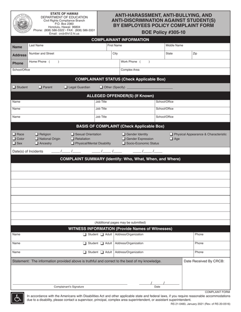 Form RS21-0483 Anti-harassment, Anti-bullying, and Anti-discrimination Against Student(S) by Employees Policy Complaint Form - Hawaii