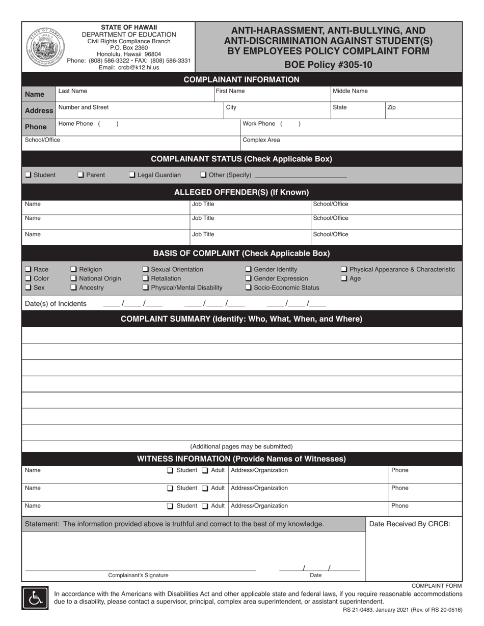 Form RS21-0483 Anti-harassment, Anti-bullying, and Anti-discrimination Against Student(S) by Employees Policy Complaint Form - Hawaii, Page 1