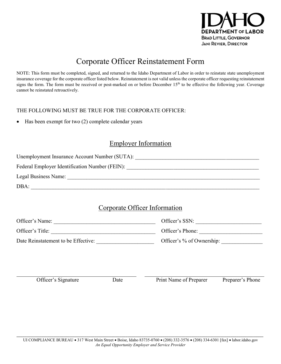 Corporate Officer Reinstatement Form - Idaho, Page 1