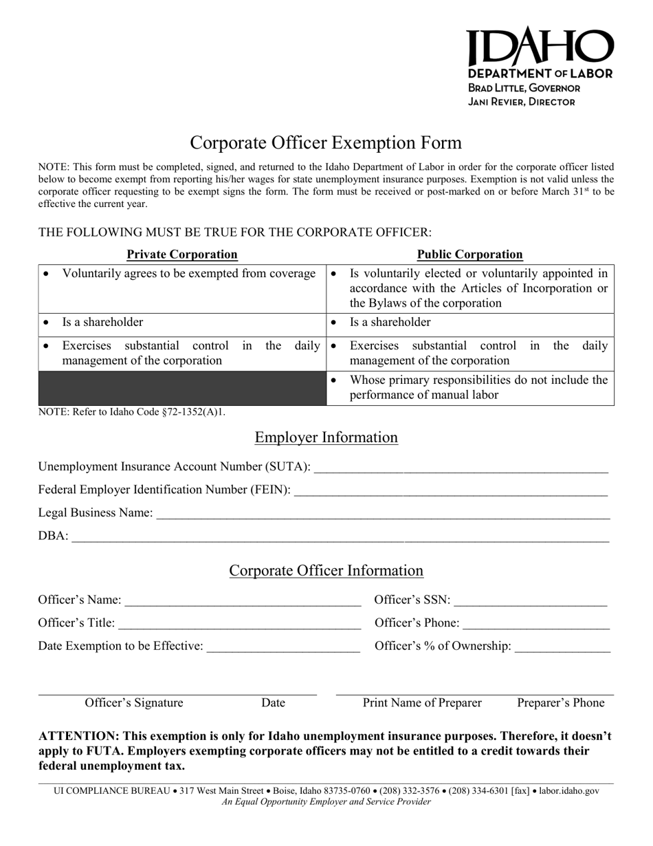 Idaho Corporate Officer Exemption Form Fill Out Sign Online And Download Pdf Templateroller 6793