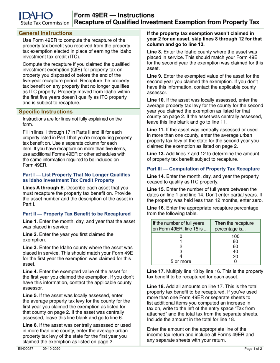 Form 49ER (EFO00032) Recapture of Qualified Investment Exemption From Property Tax - Idaho, Page 2