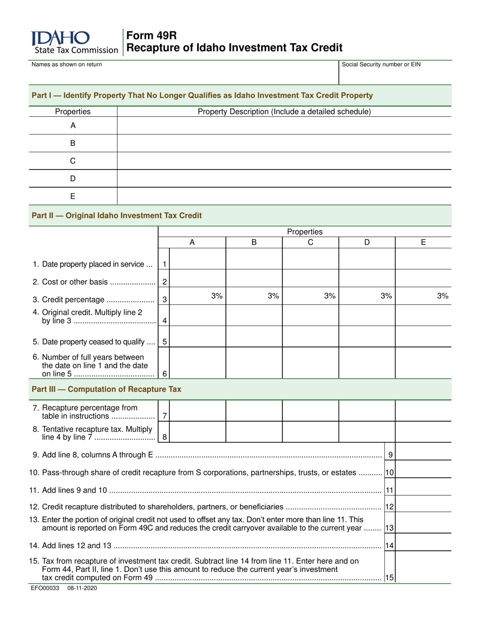 Form 49R (EFO00033) Recapture of Idaho Investment Tax Credit - Idaho, Page 1