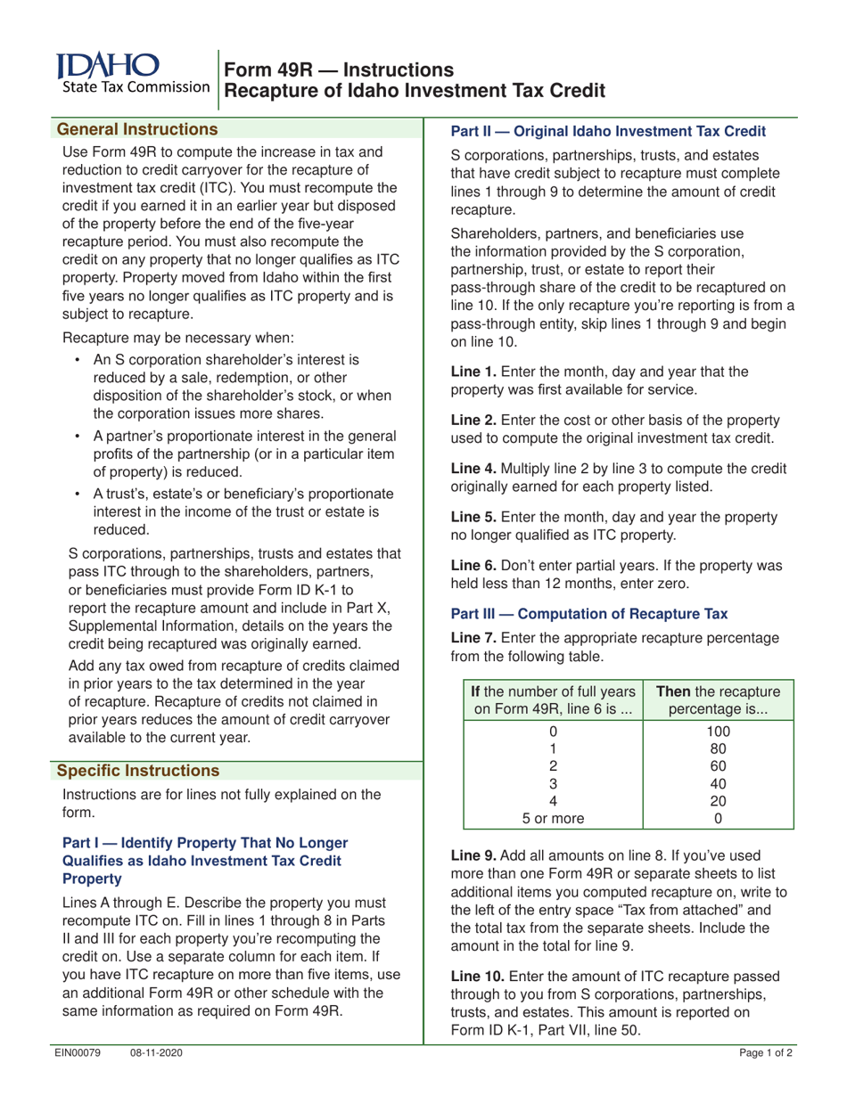 Form 49R (EFO00033) Recapture of Idaho Investment Tax Credit - Idaho, Page 2