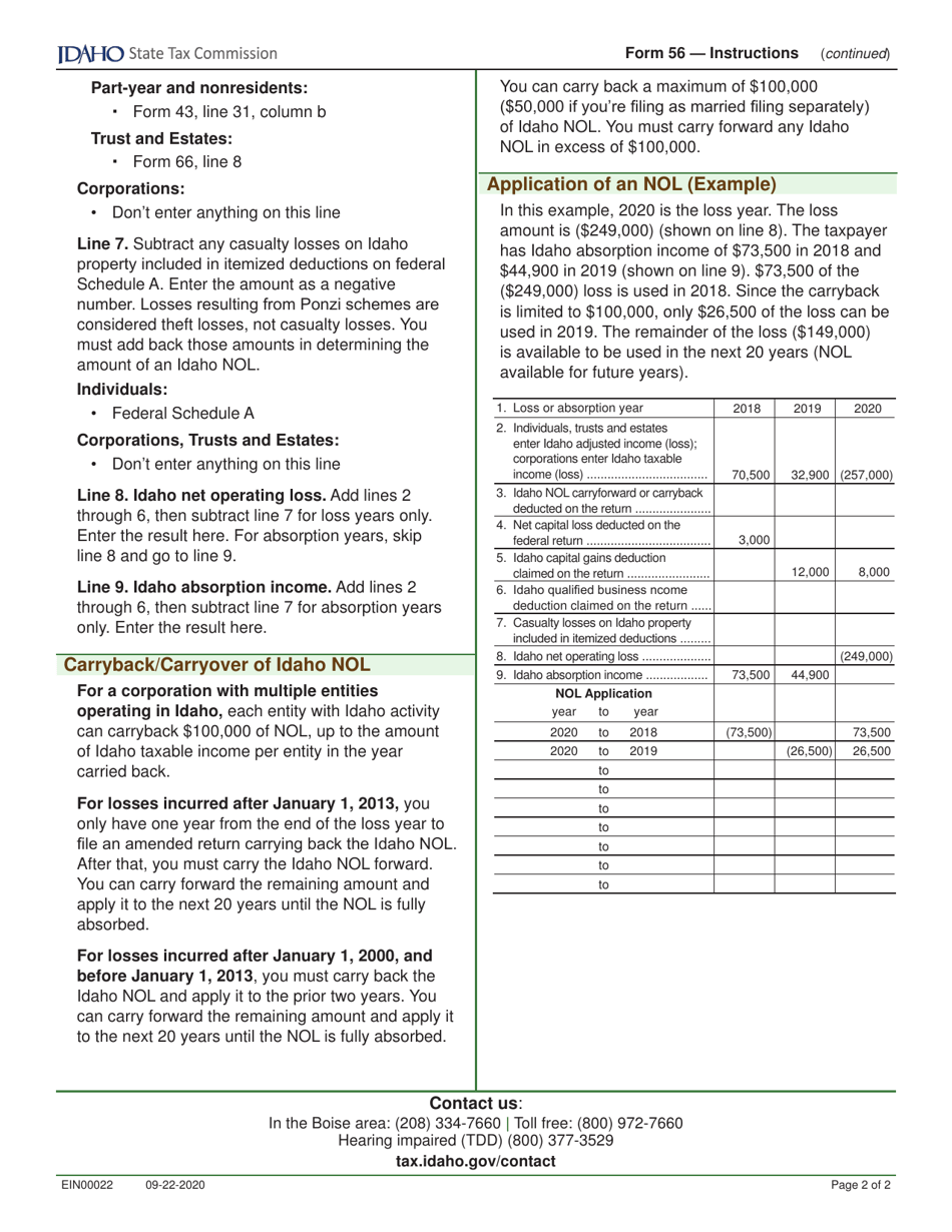 Form 56 (EFO00051) Net Operating Loss Carryforward / Carryback - Idaho, Page 3