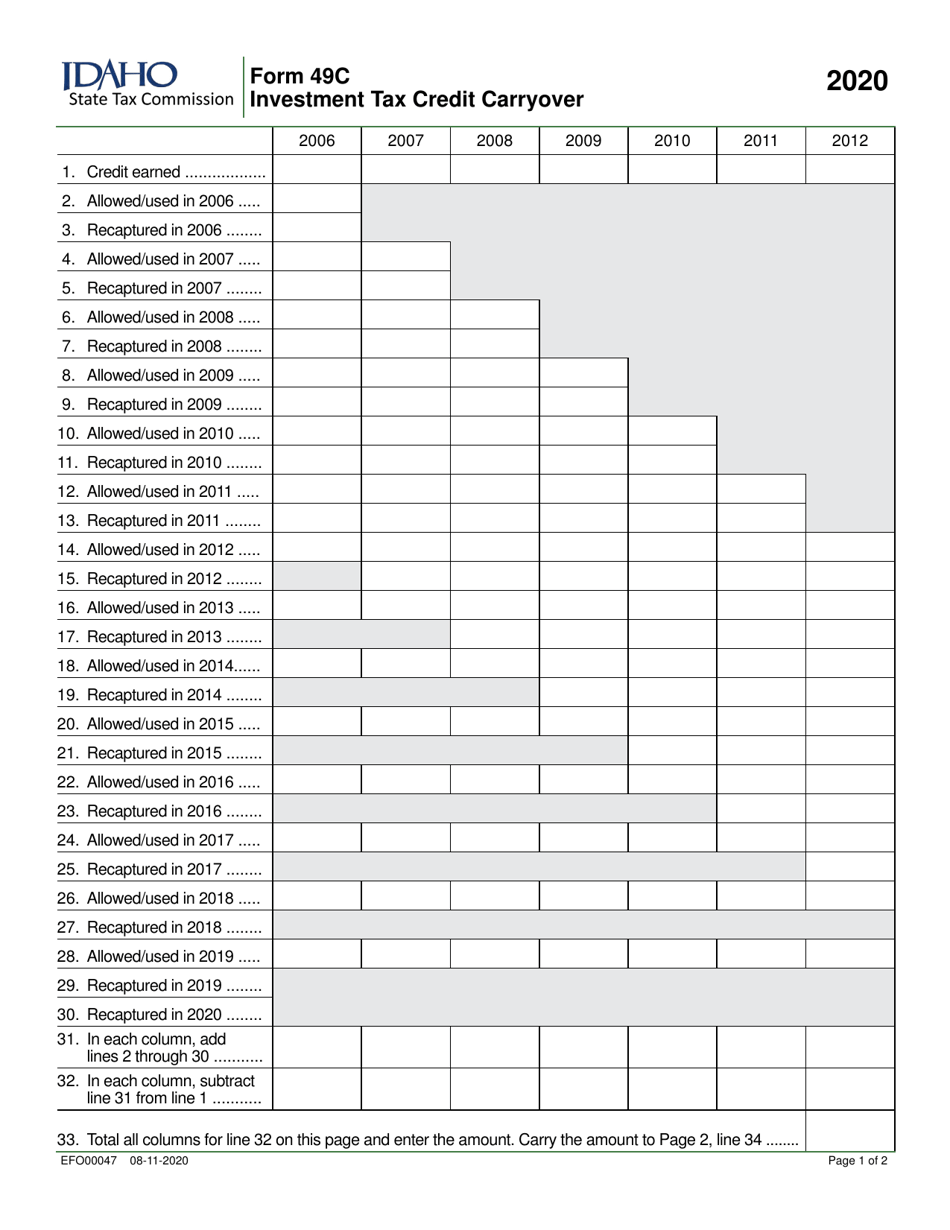 Form 49C (EFO00047) Investment Tax Credit Carryover - Idaho, Page 1