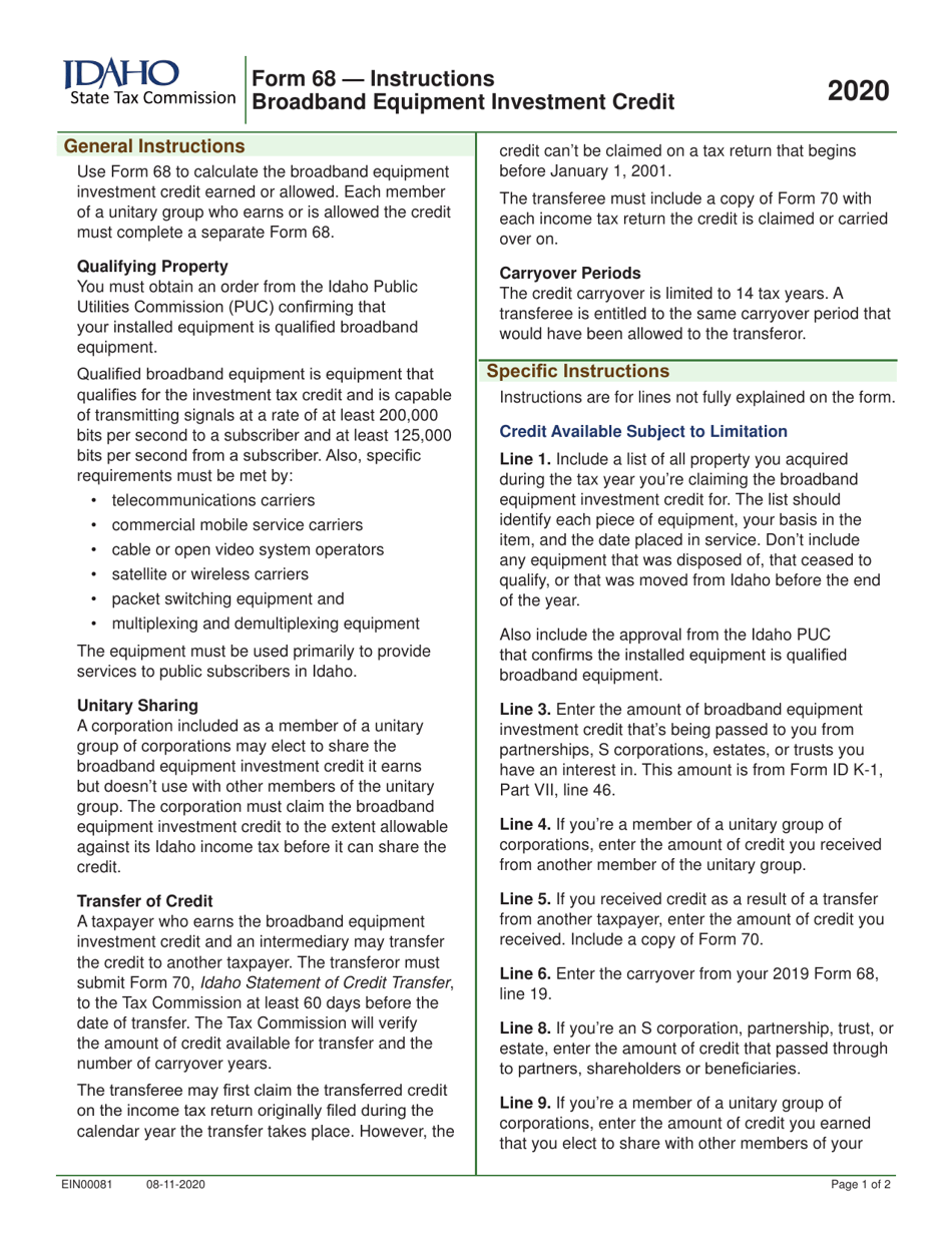 Form 68 (EFO00038) Broadband Equipment Investment Credit - Idaho, Page 2