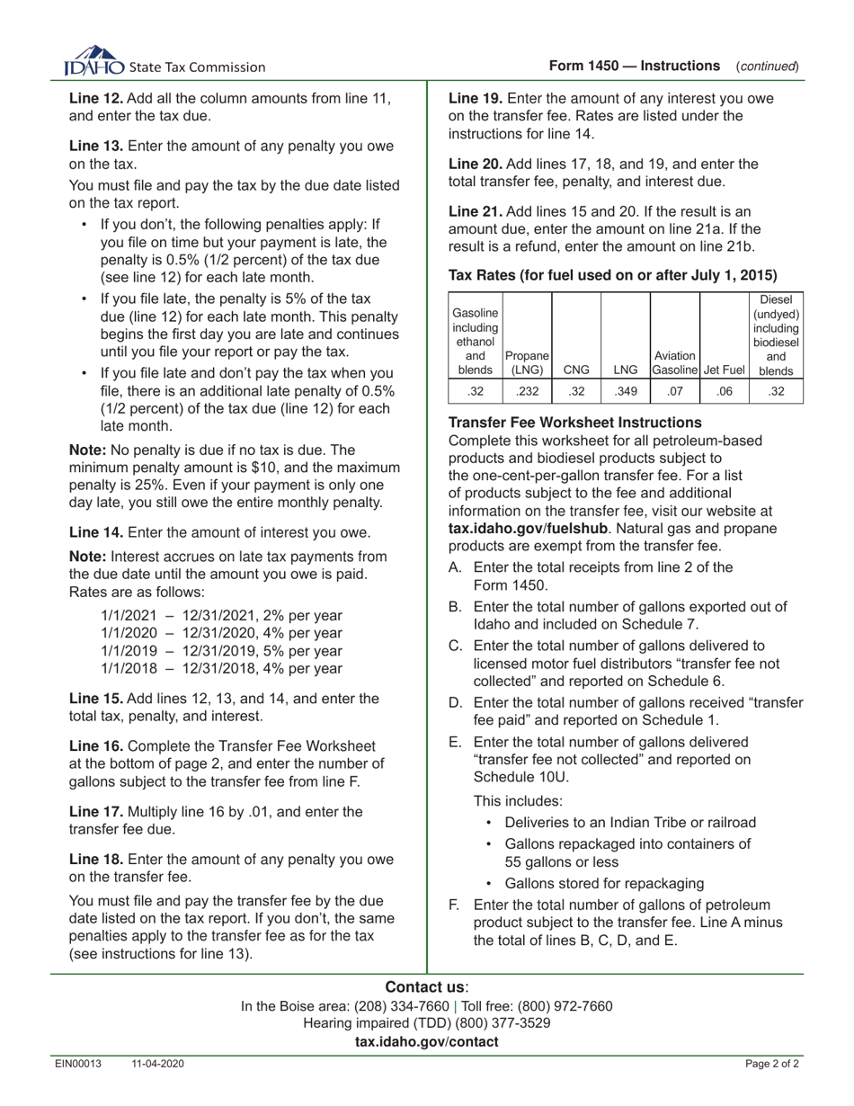 Instructions for Form 1450 Distributors Fuel Tax Report - Idaho, Page 2
