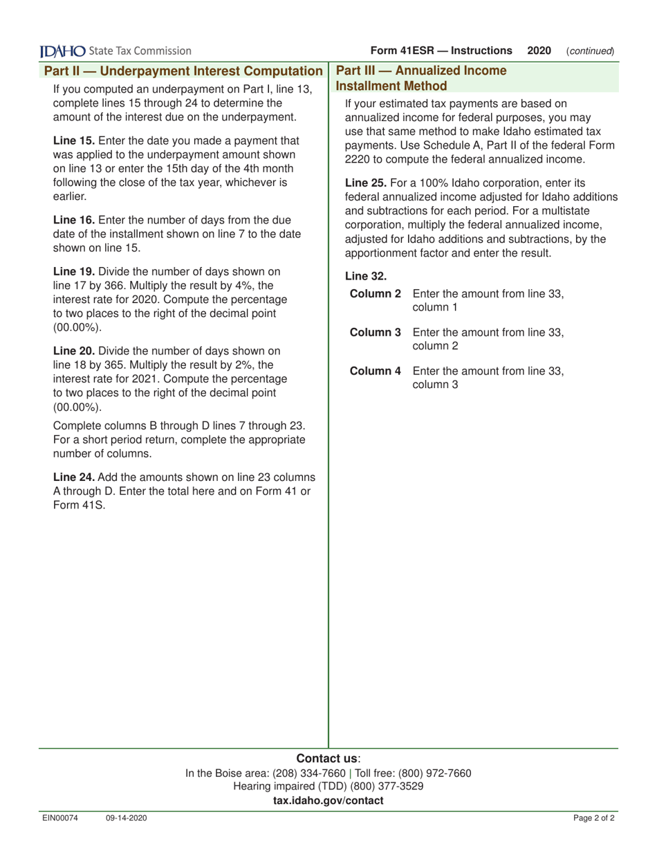 Form 41ESR (EFO00027) Underpayment of Estimated Tax - Idaho, Page 3