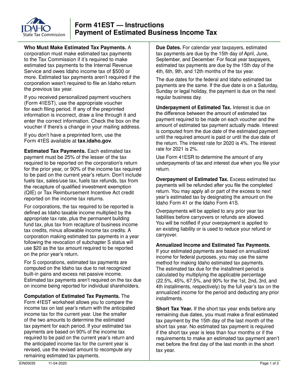 Download Instructions for Form 41ES, EFO00026 Estimated Tax Payment