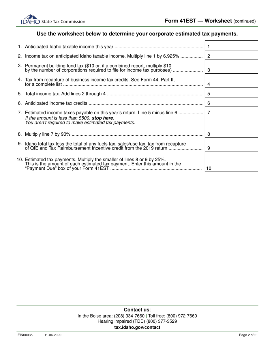 Instructions for Form 41ES, EFO00026 Estimated Tax Payment / Extension of Time Payment Business Income Tax - Idaho, Page 2