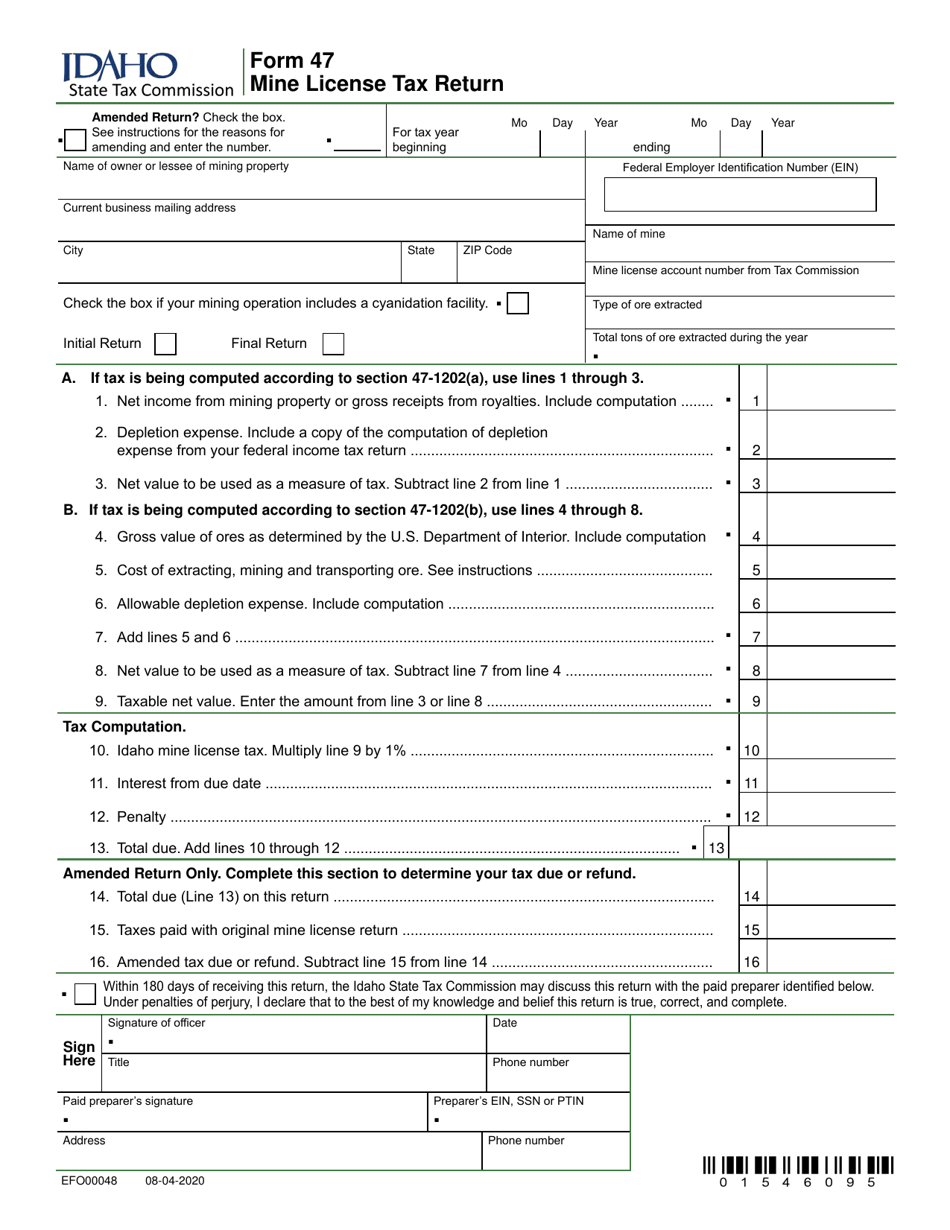 Form 47 (EFO00048) Mine License Tax Return - Idaho, Page 1