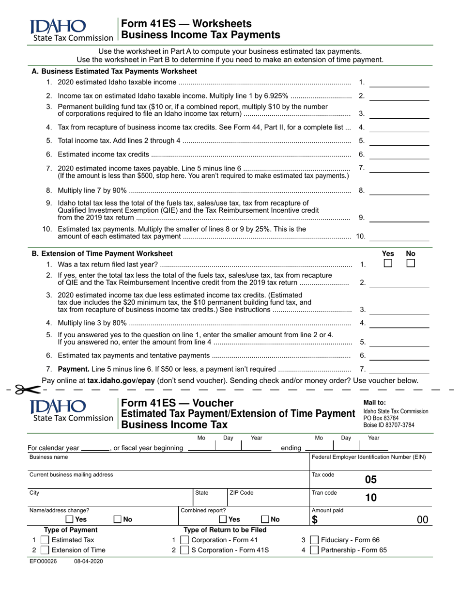 Form 41ES (EFO00026) Estimated Tax Payment / Extension of Time Payment Business Income Tax - Idaho, Page 1