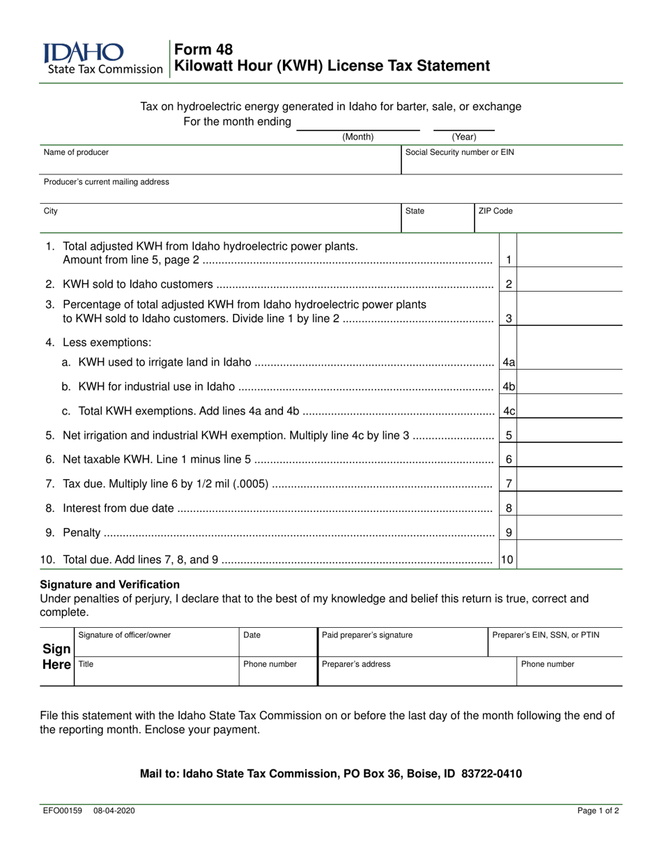 Form 48 (EFO00159) Kilowatt Hour (Kwh) License Tax Statement - Idaho, Page 1