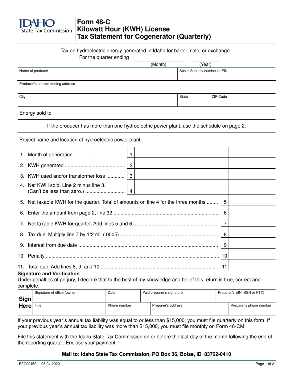 Form 48-C (EFO00160) Kilowatt Hour (Kwh) License Tax Statement for Cogenerator (Quarterly) - Idaho, Page 1