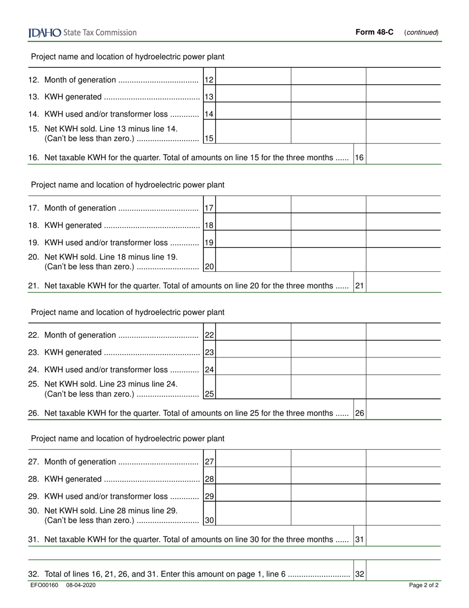 Form 48-C (EFO00160) Kilowatt Hour (Kwh) License Tax Statement for Cogenerator (Quarterly) - Idaho, Page 2