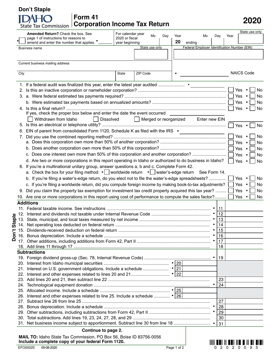 Form 41 (EFO00025) Corporation Income Tax Return - Idaho, Page 1