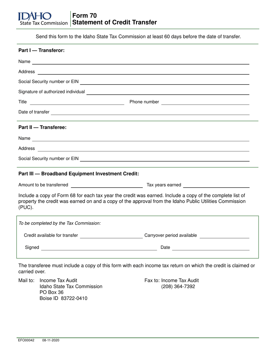 Form 70 (EFO00042) Statement of Credit Transfer - Idaho, Page 1