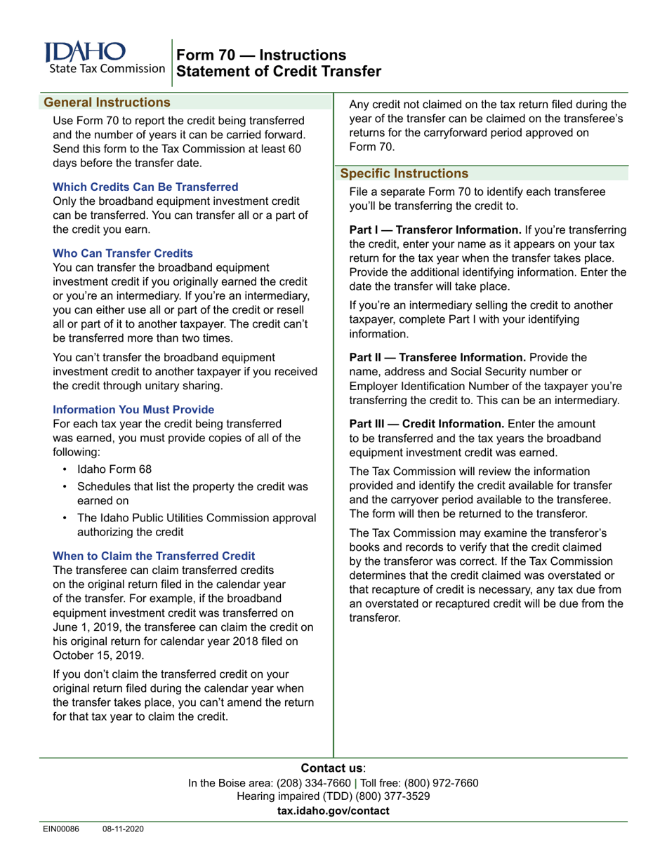 Form 70 (EFO00042) Statement of Credit Transfer - Idaho, Page 2