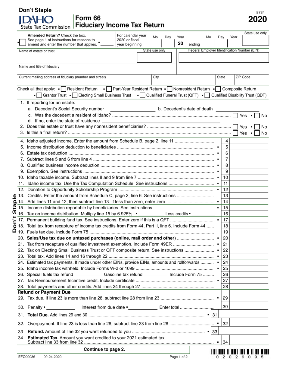 Form 66 (EFO00036) Fiduciary Income Tax Return - Idaho, Page 1
