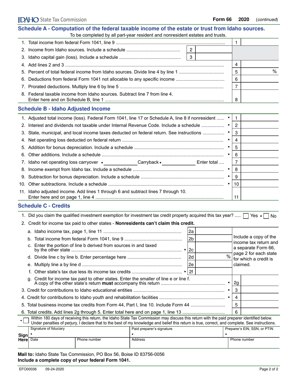 Form 66 (EFO00036) Fiduciary Income Tax Return - Idaho, Page 2