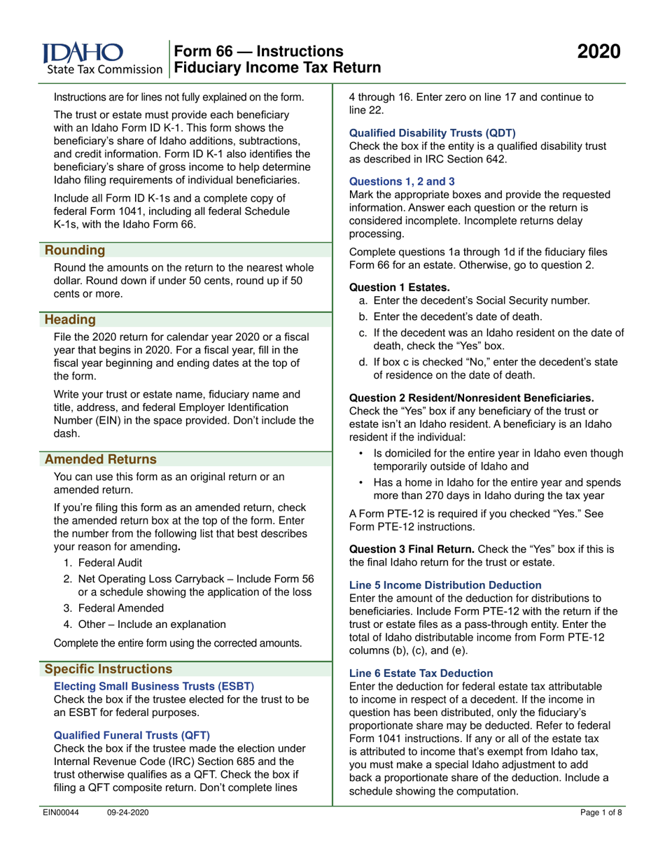 Form 66 (EFO00036) Fiduciary Income Tax Return - Idaho, Page 3