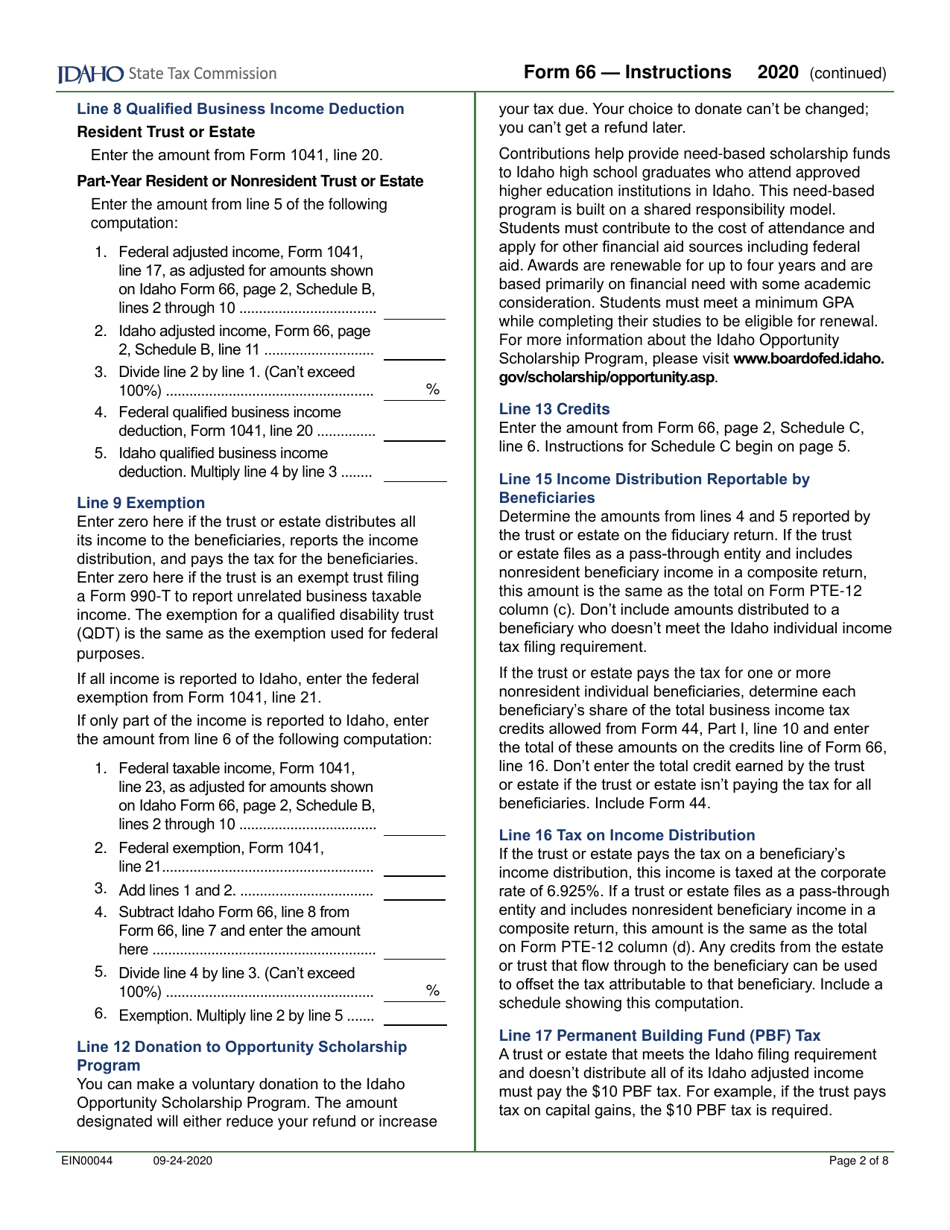 Form 66 (EFO00036) Fiduciary Income Tax Return - Idaho, Page 4