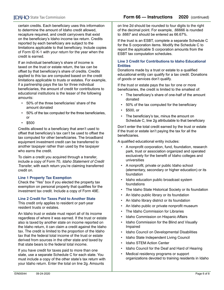 Form 66 (EFO00036) Fiduciary Income Tax Return - Idaho, Page 8