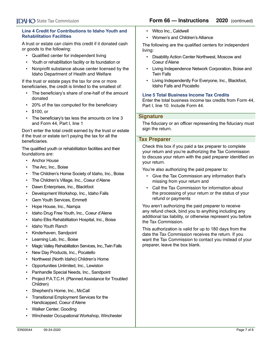 Form 66 (EFO00036) Fiduciary Income Tax Return - Idaho, Page 9
