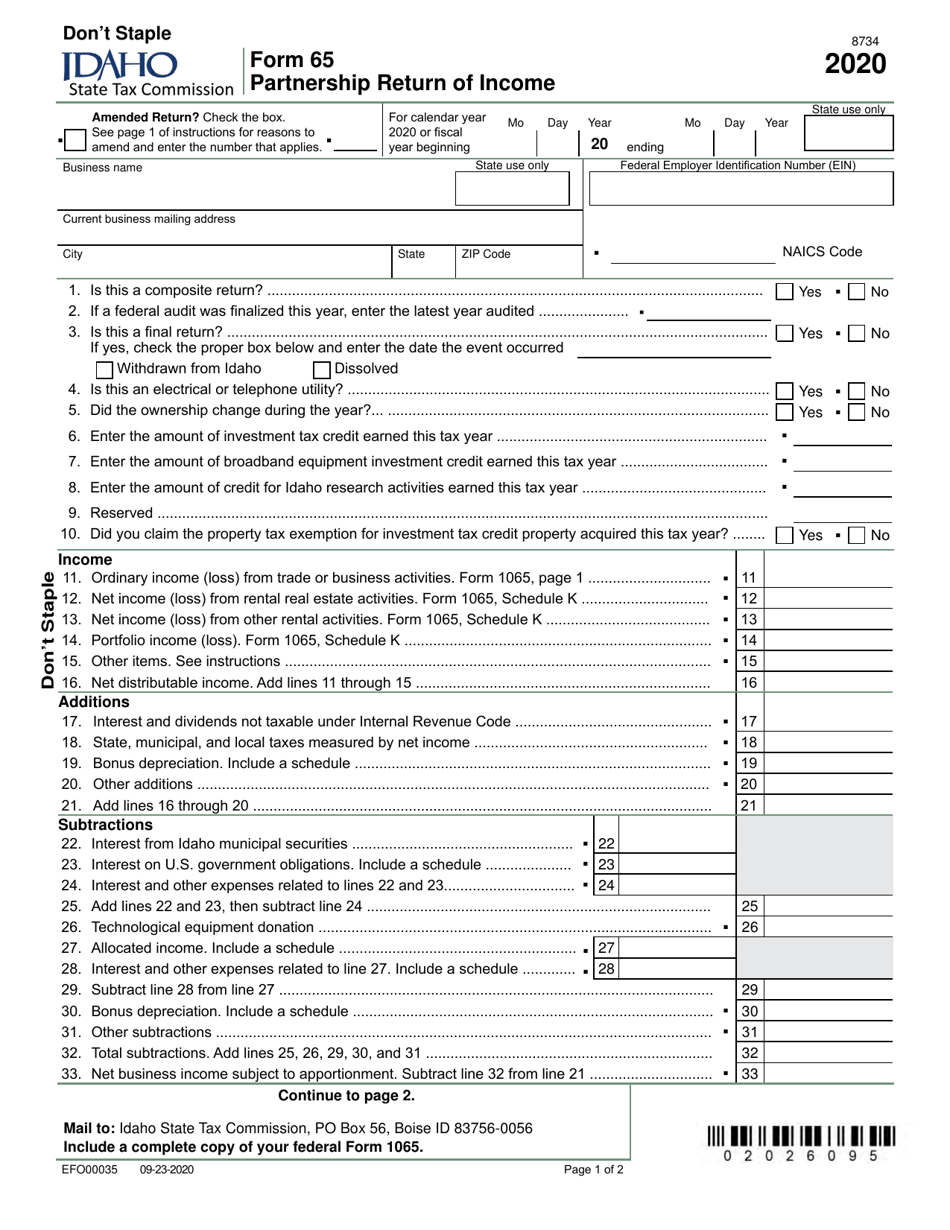 Form 65 (EFO00035) Partnership Return of Income - Idaho, Page 1