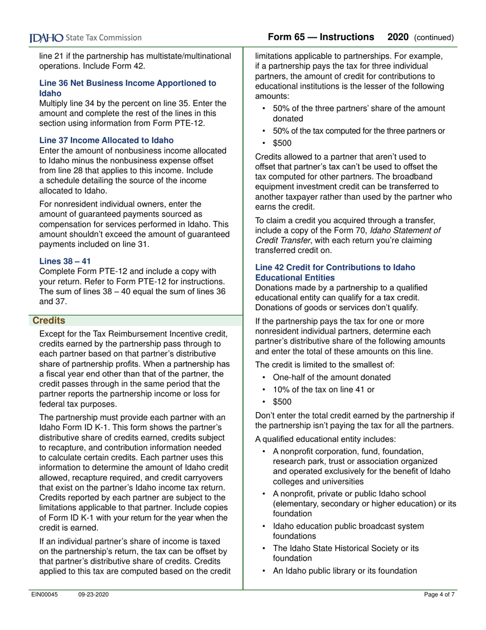 Form 65 (EFO00035) Partnership Return of Income - Idaho, Page 6