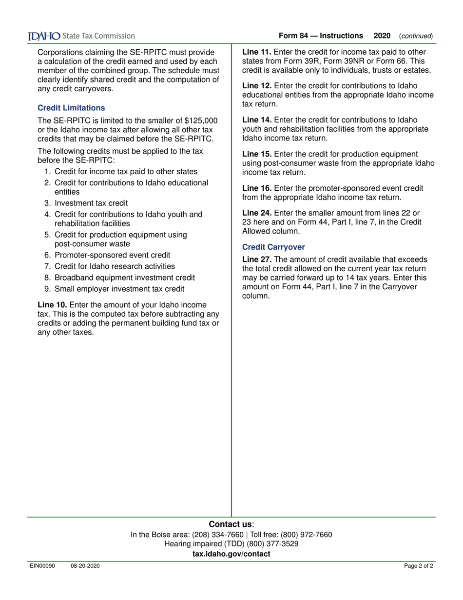 Form 84 (EFO00010) Small Employer Real Property Improvement Tax Credit - Idaho, Page 3