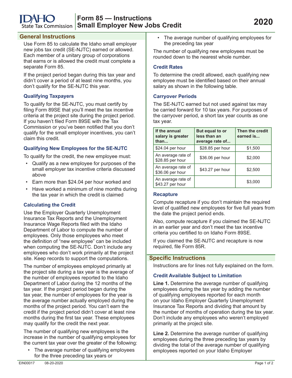 Form 85 (EFO00017) Small Employer New Jobs Tax Credit - Idaho, Page 3
